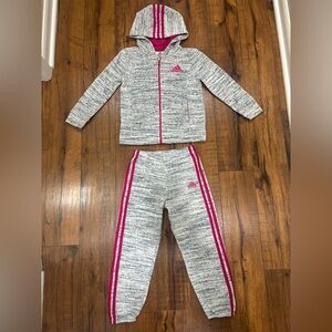 Adidas 2 Piece Velour Tracksuit Heather Gray Hot Pink Cozy Girls 6 Soccer